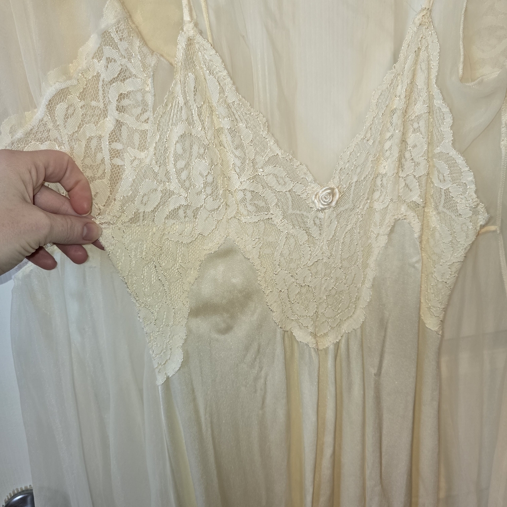 Val Mode Vintage Set Sheer Cream Gown And Duster Lace Coquette Cottagecore - Picture 14 of 16